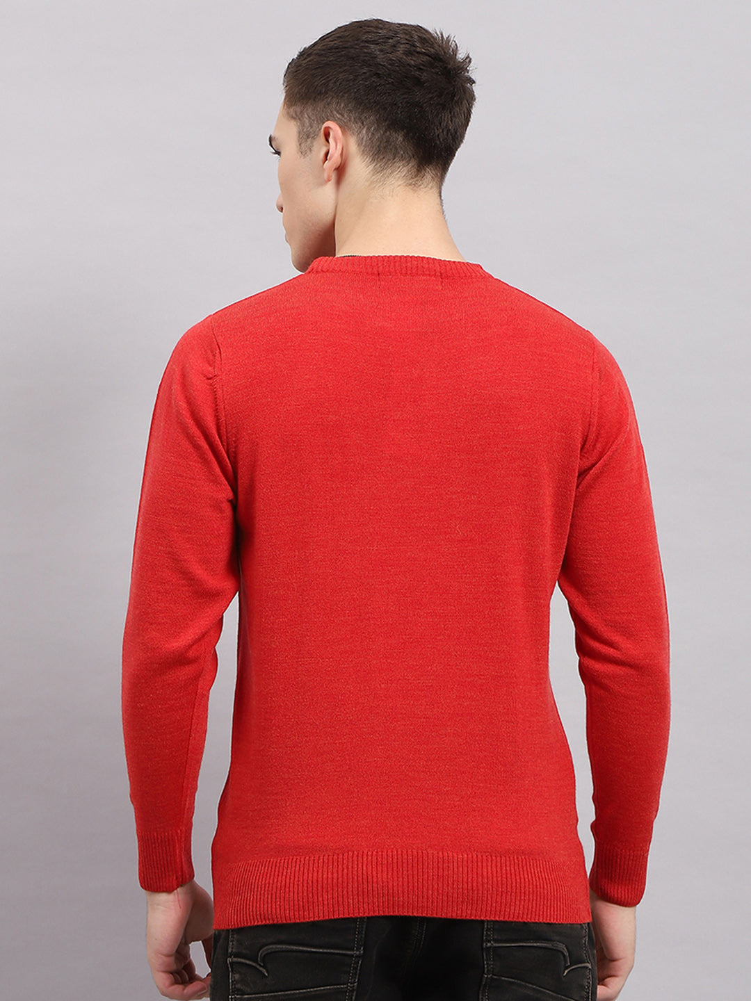 Men Red Solid Round Neck Full Sleeve Pullover