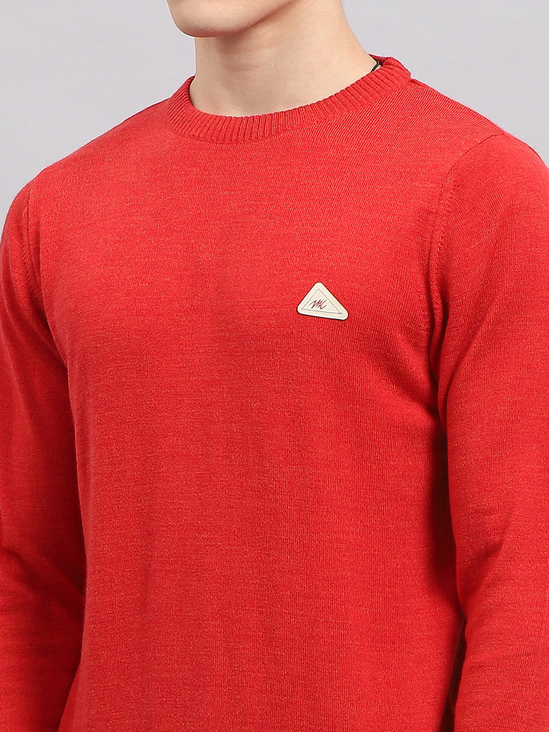Men Red Solid Round Neck Full Sleeve Pullover