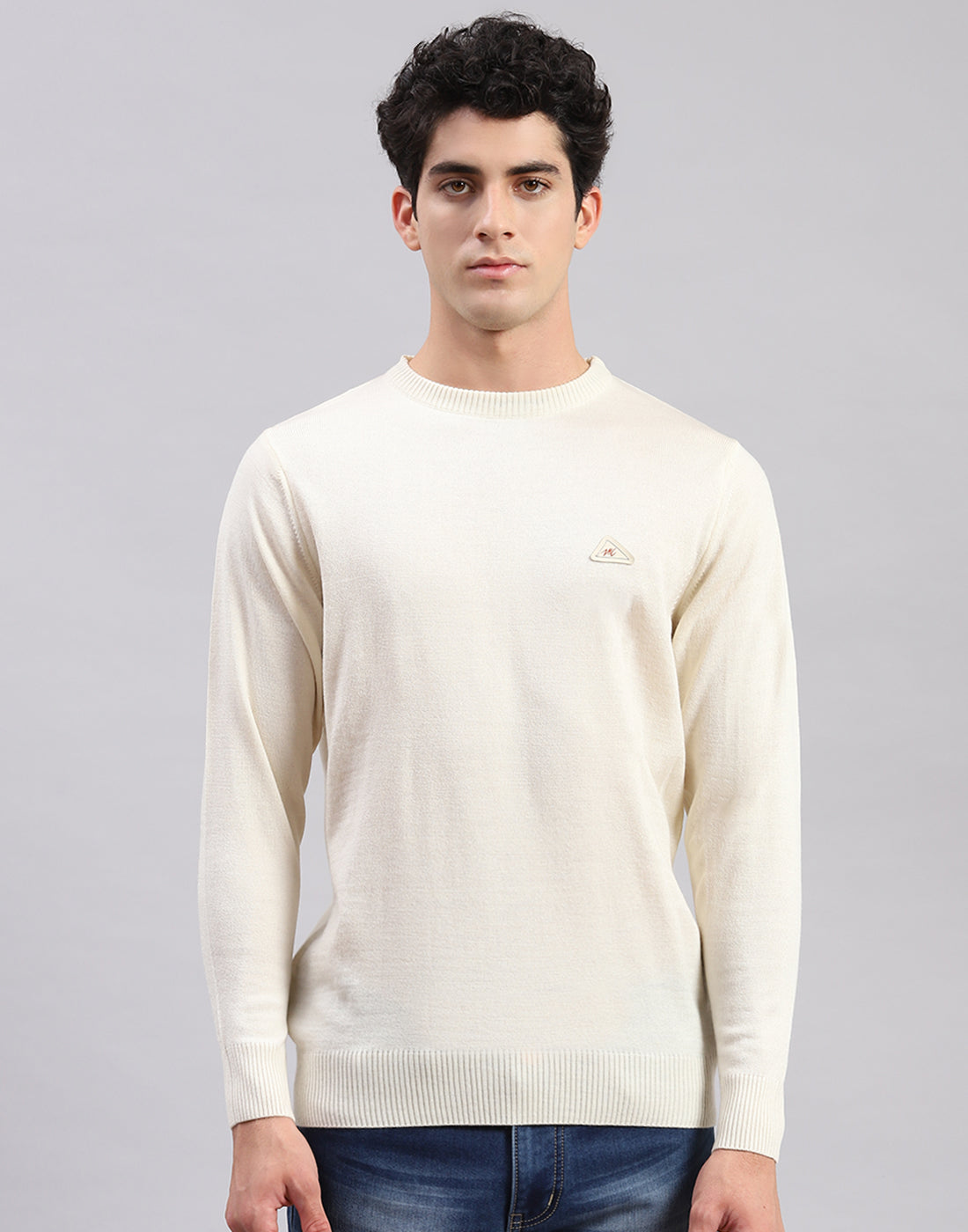 Men Cream Solid Round Neck Full Sleeve Pullover
