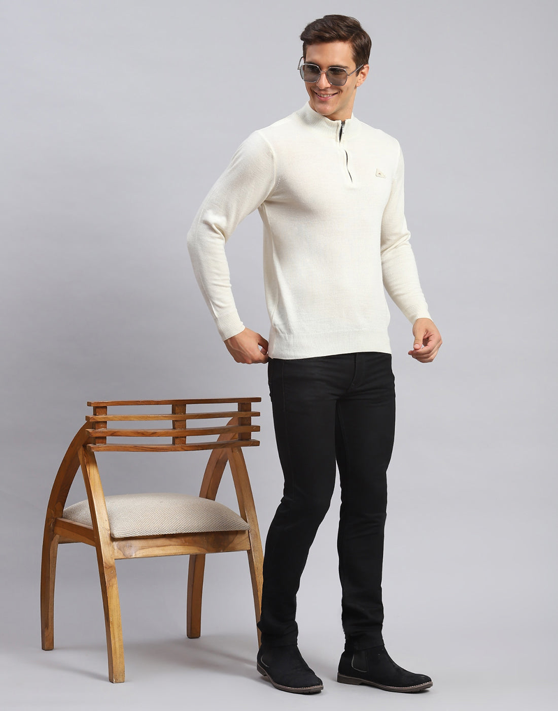 Men Cream Solid High Neck Full Sleeve Pullover