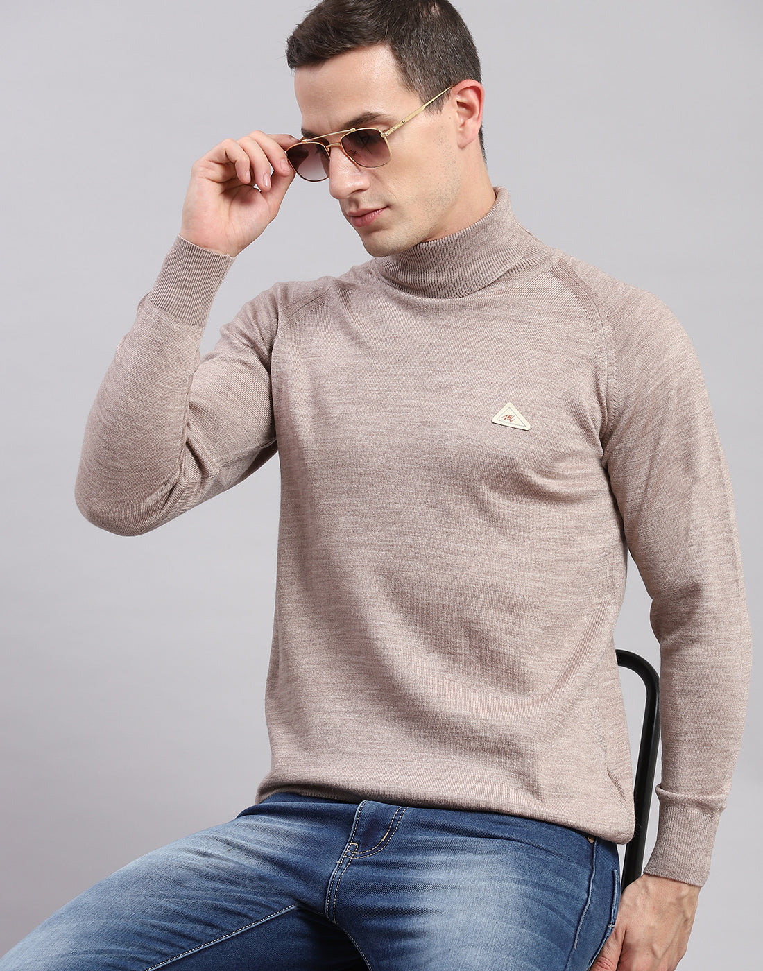 Men Beige Solid High Neck Full Sleeve Pullover - Main Image