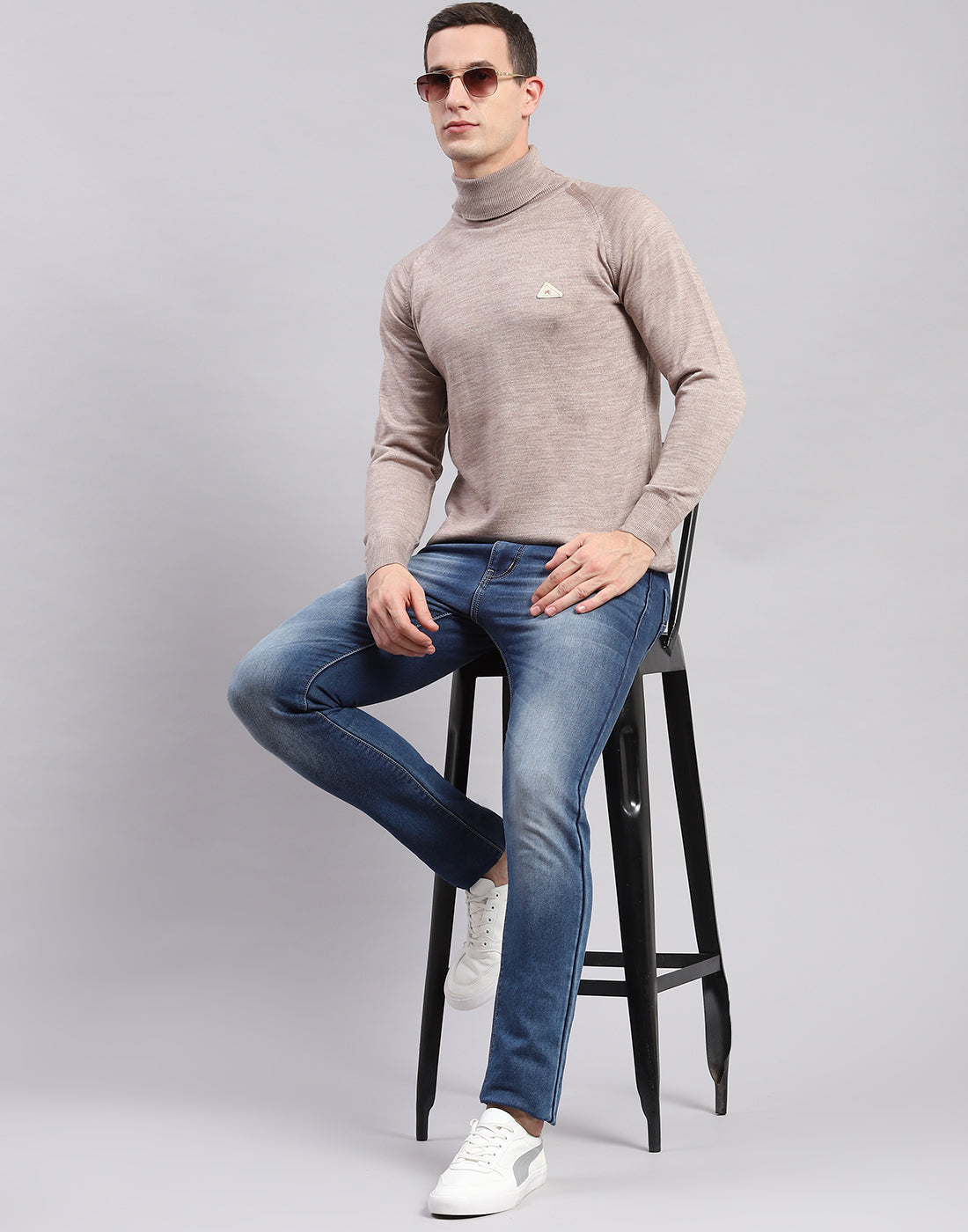 Men Beige Solid High Neck Full Sleeve Pullover