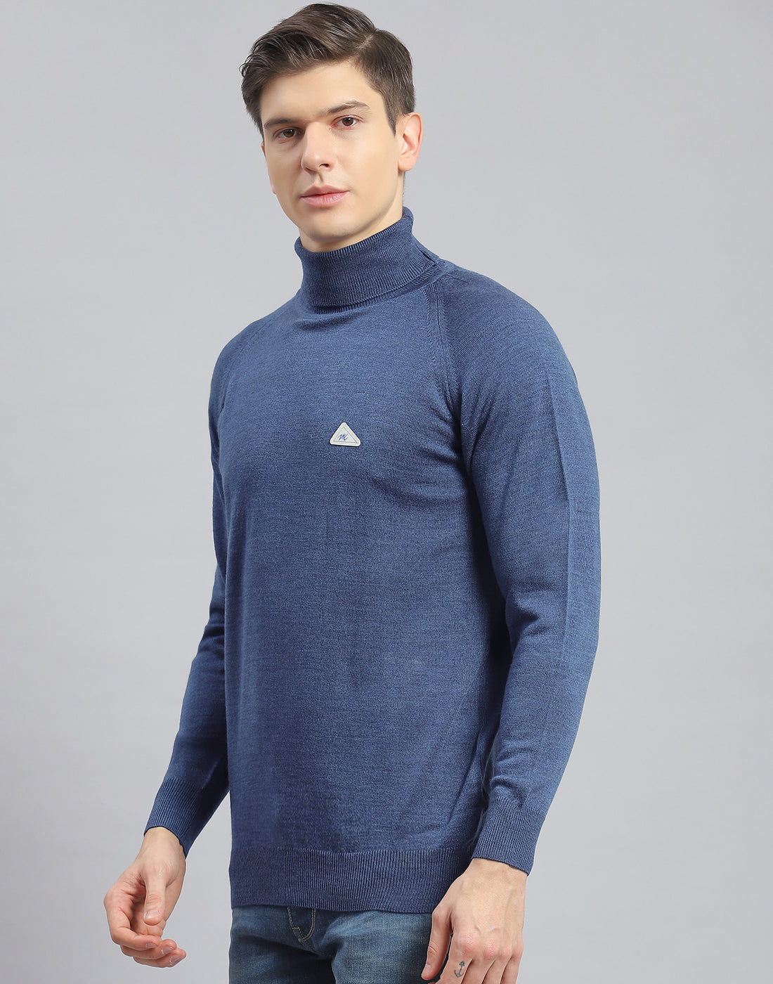 Men Teal Blue Solid High Neck Full Sleeve Pullover