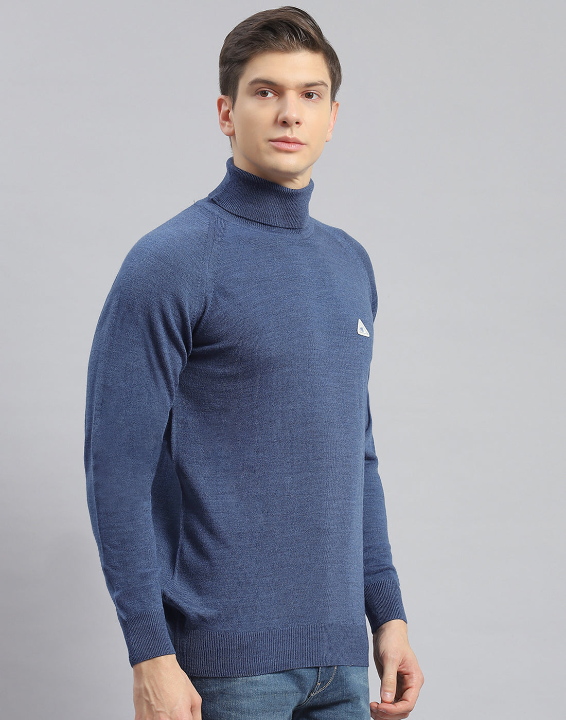Men Teal Blue Solid High Neck Full Sleeve Pullover