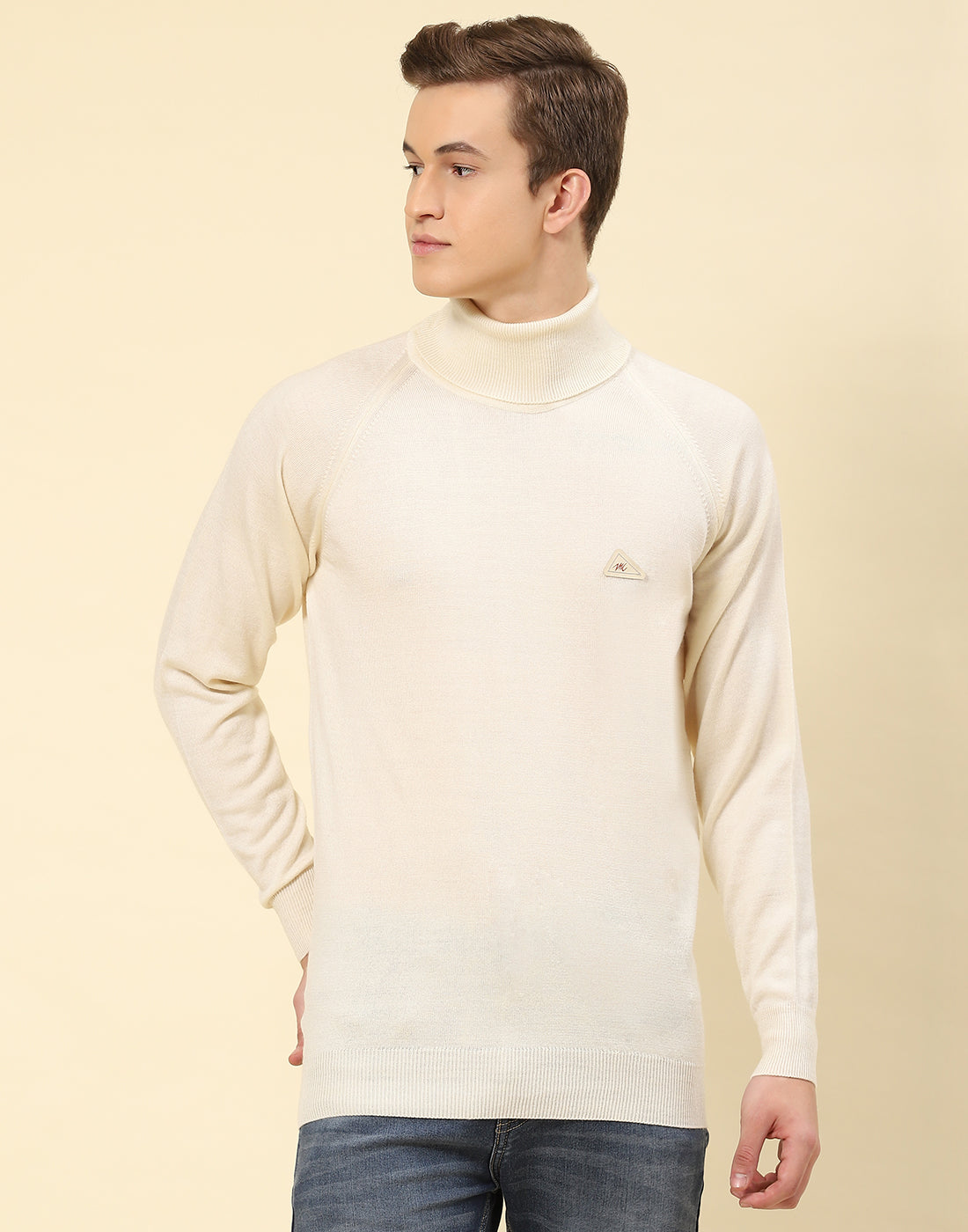 Buy Men Cream Solid High Neck Full Sleeve Pullover Online in India