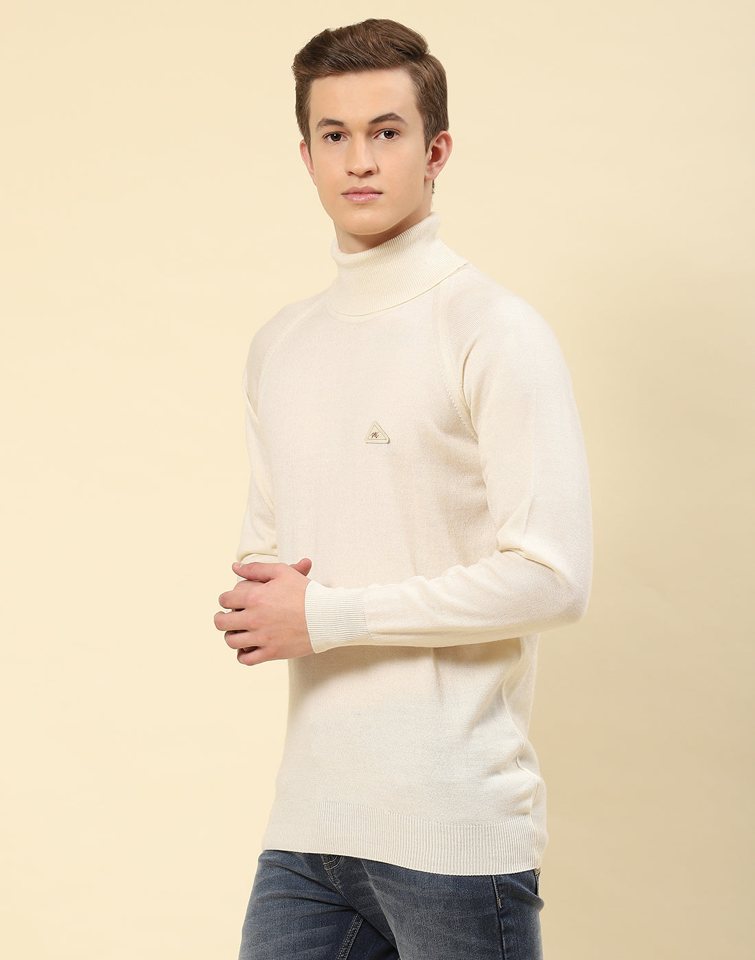 Men Cream Solid High Neck Full Sleeve Pullover