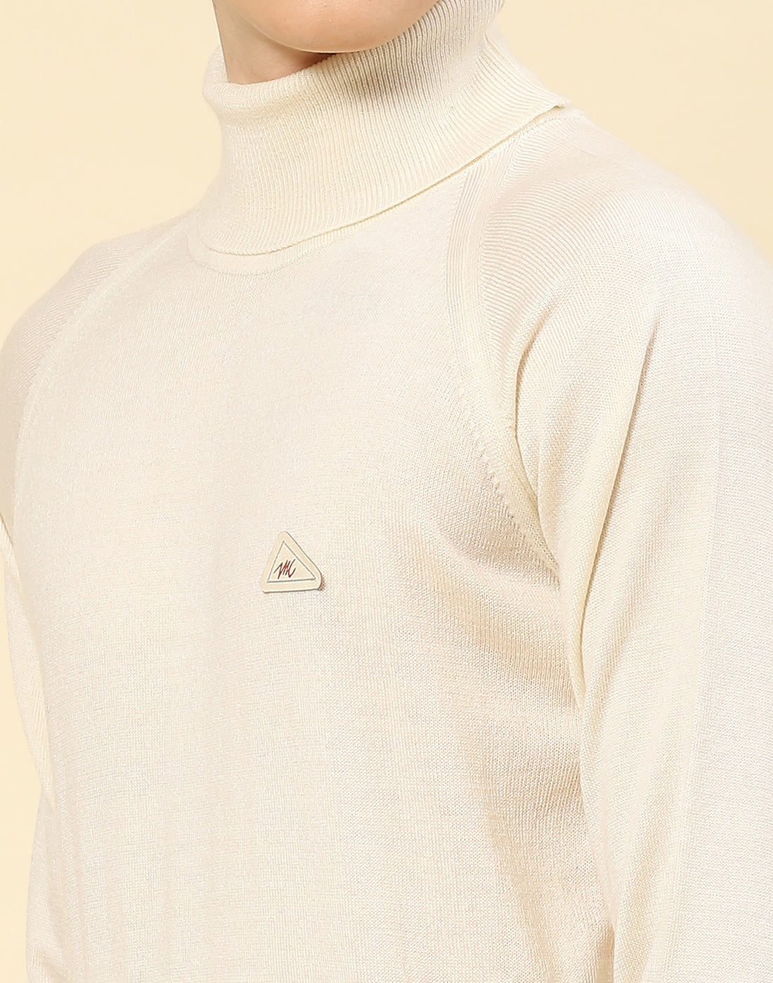 Men Cream Solid High Neck Full Sleeve Pullover