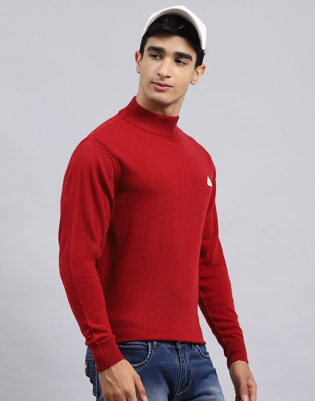 Men Red Solid Turtle Neck Full Sleeve Pullover