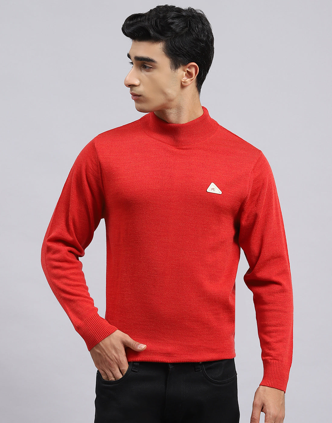 Men Red Solid Turtle Neck Full Sleeve Pullover