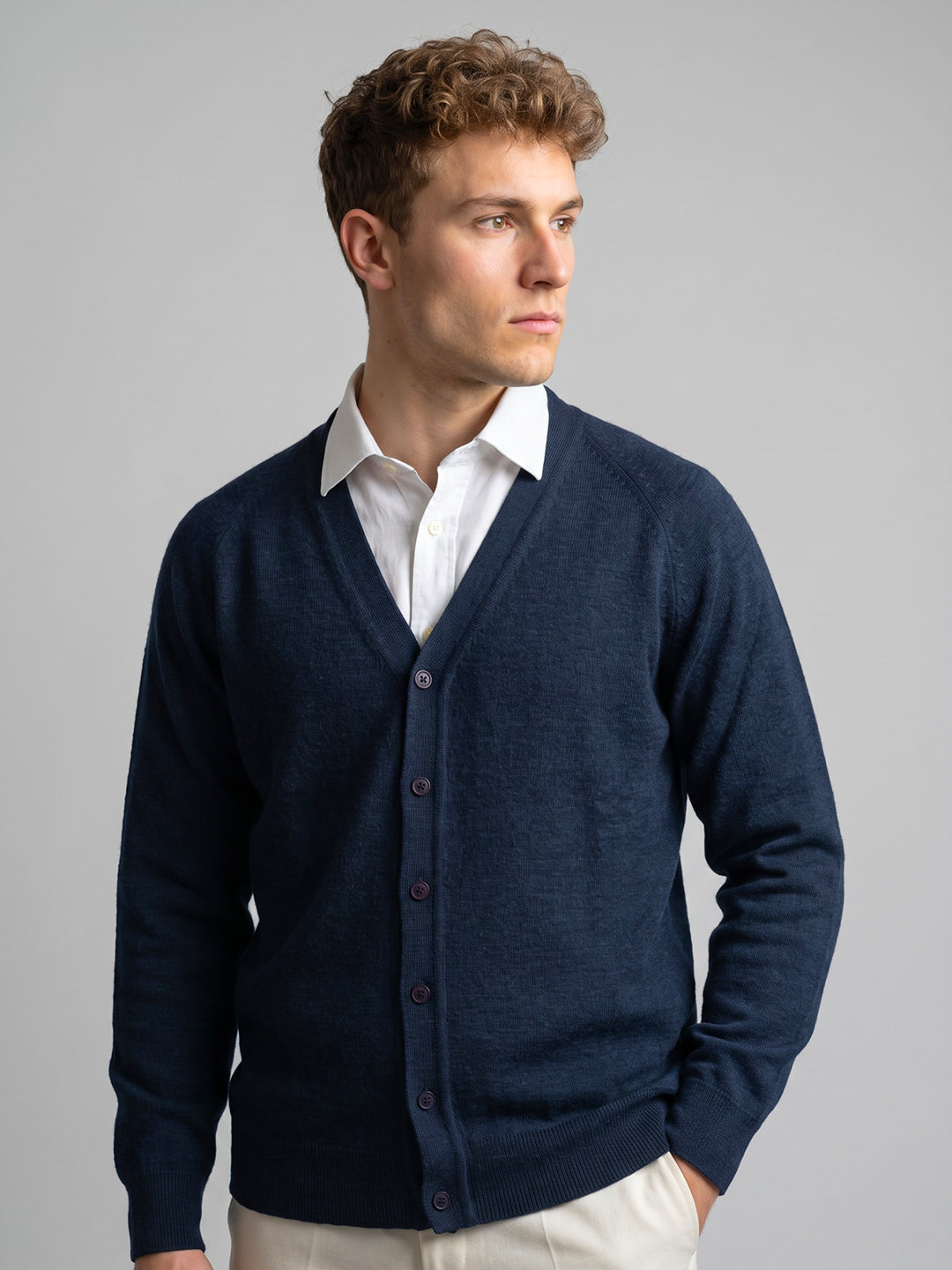 Men Blue Solid V Neck Full Sleeve Cardigan