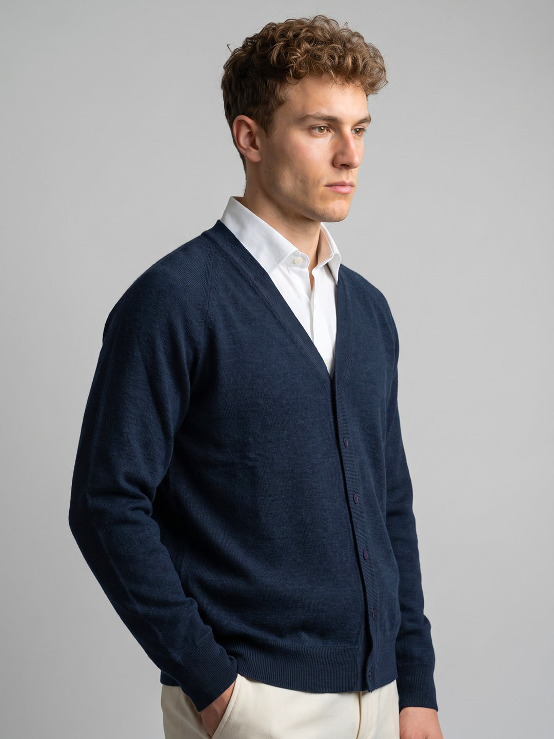 Men Blue Solid V Neck Full Sleeve Cardigan