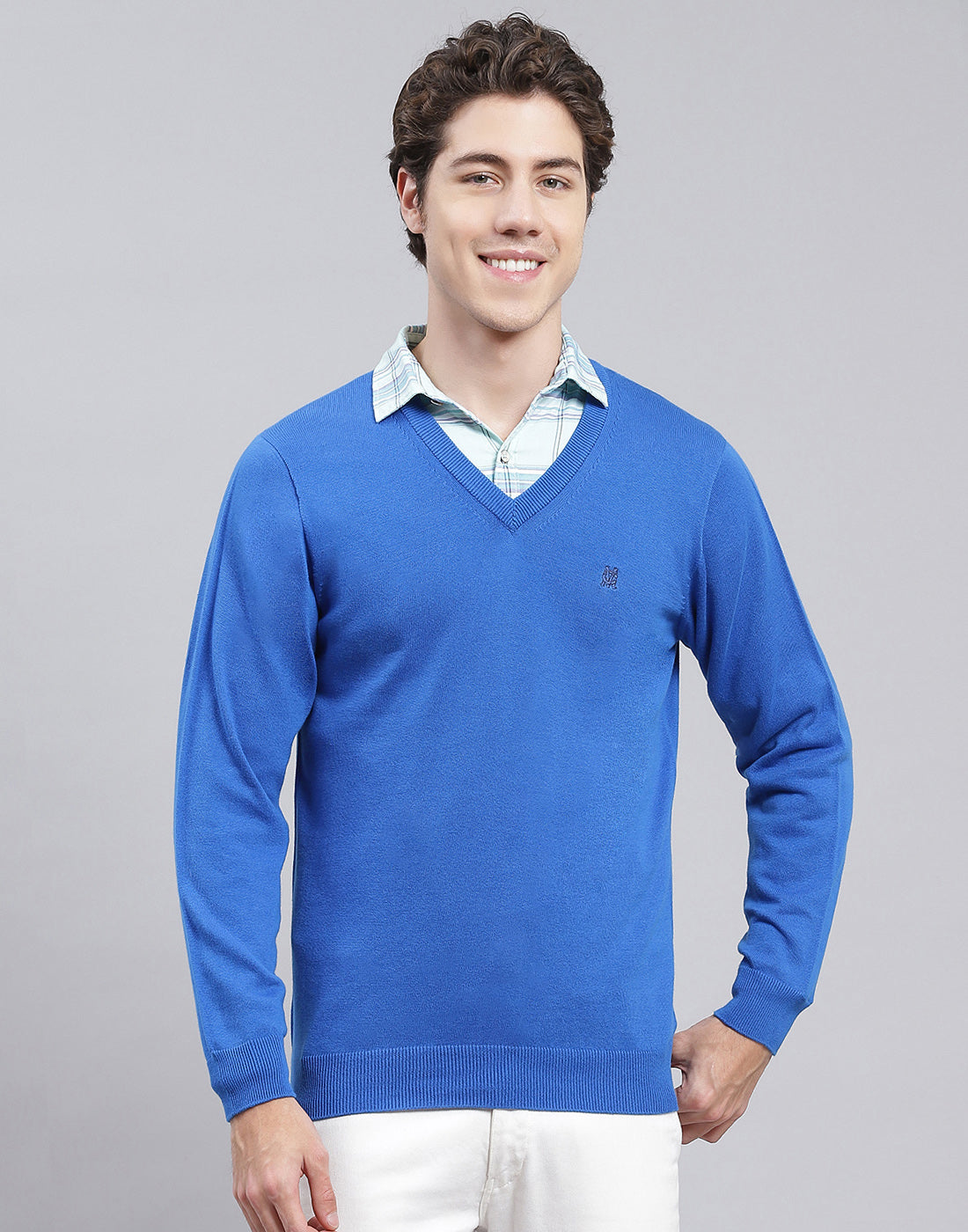 Men Blue Solid V Neck Full Sleeve Pullover