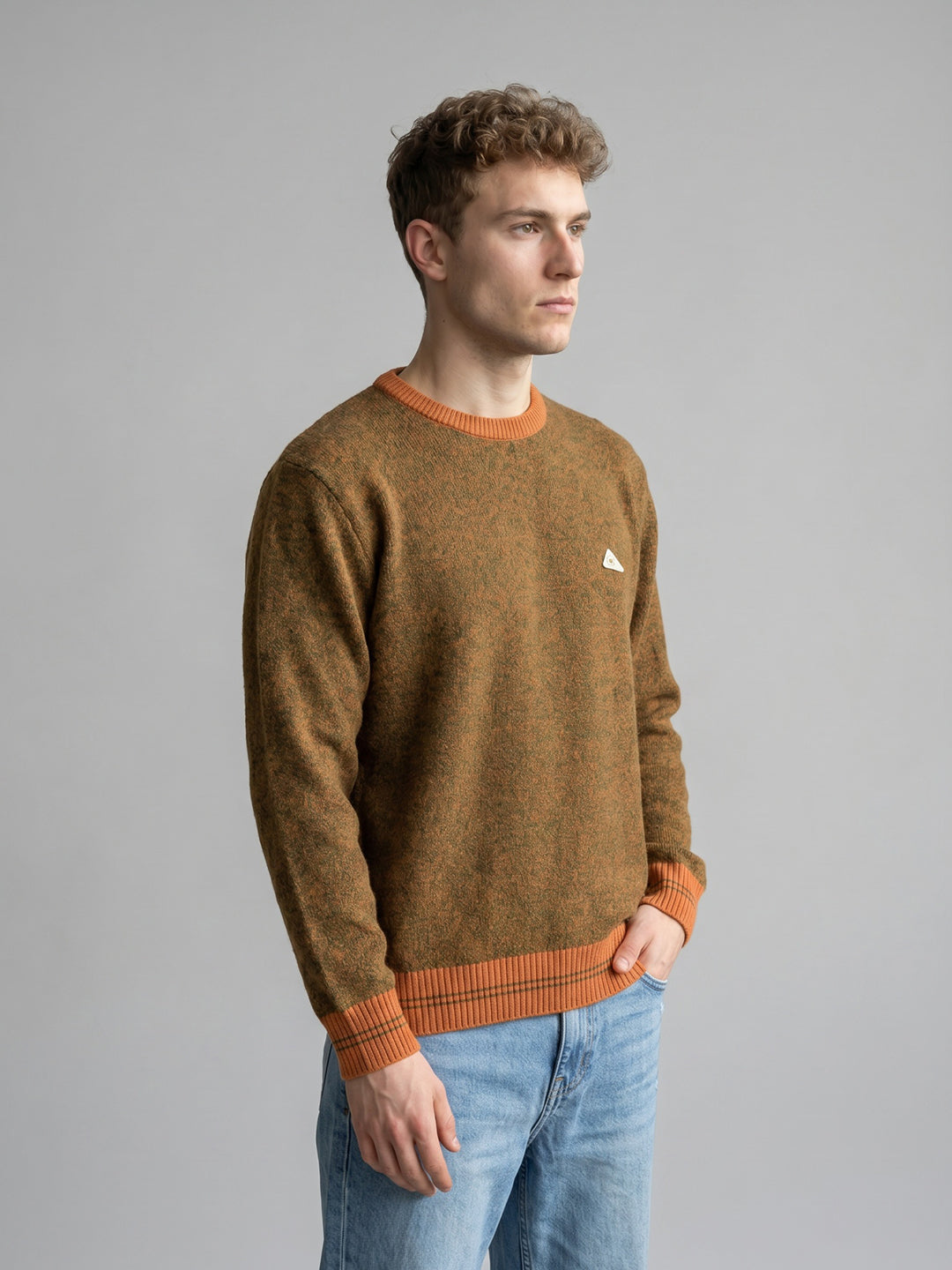 Men Orange Marled V Neck Full Sleeve Pullover