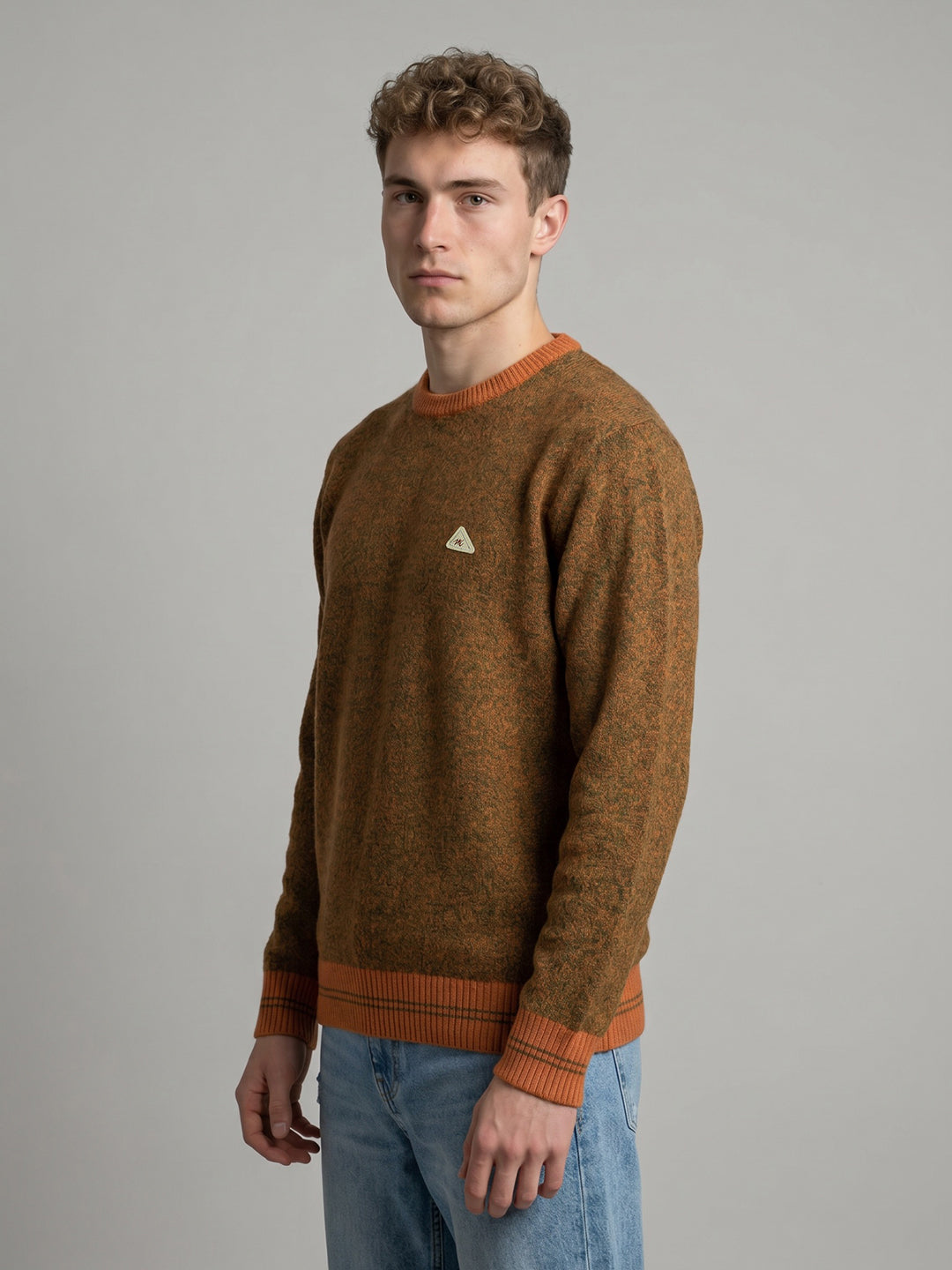 Men Orange Marled V Neck Full Sleeve Pullover
