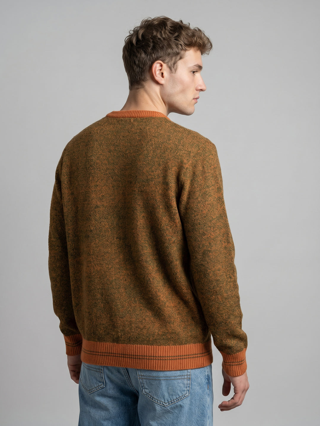 Men Orange Marled V Neck Full Sleeve Pullover