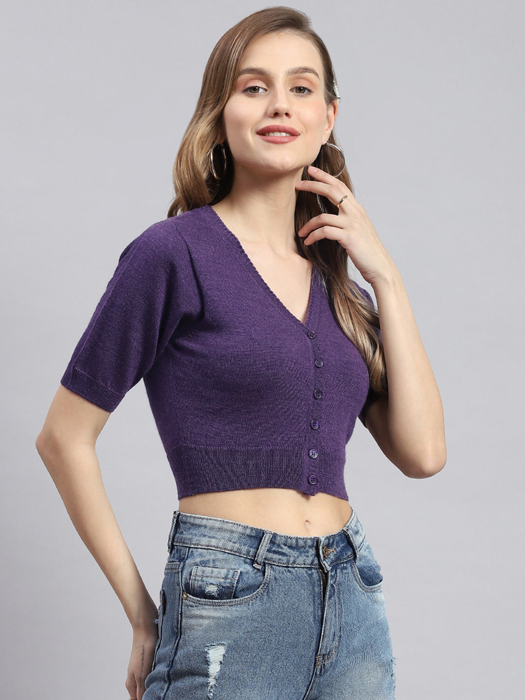 Women Purple Solid V Neck Half Sleeve Blouse