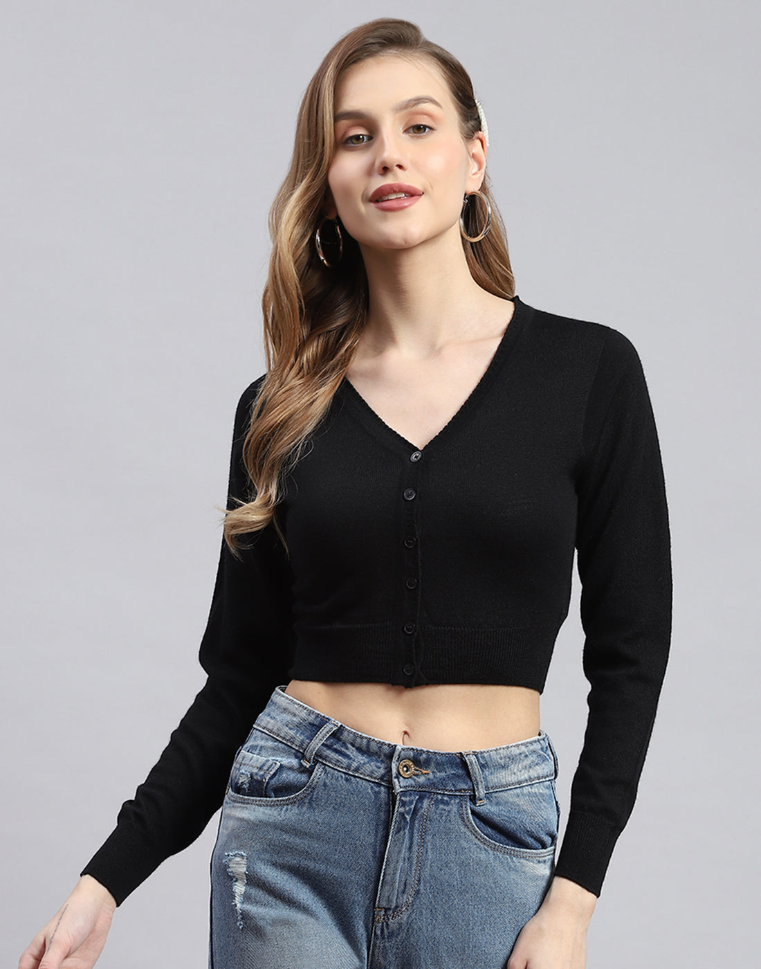 Buy Women Black Solid V Neck Full Sleeve Blouse Online in India