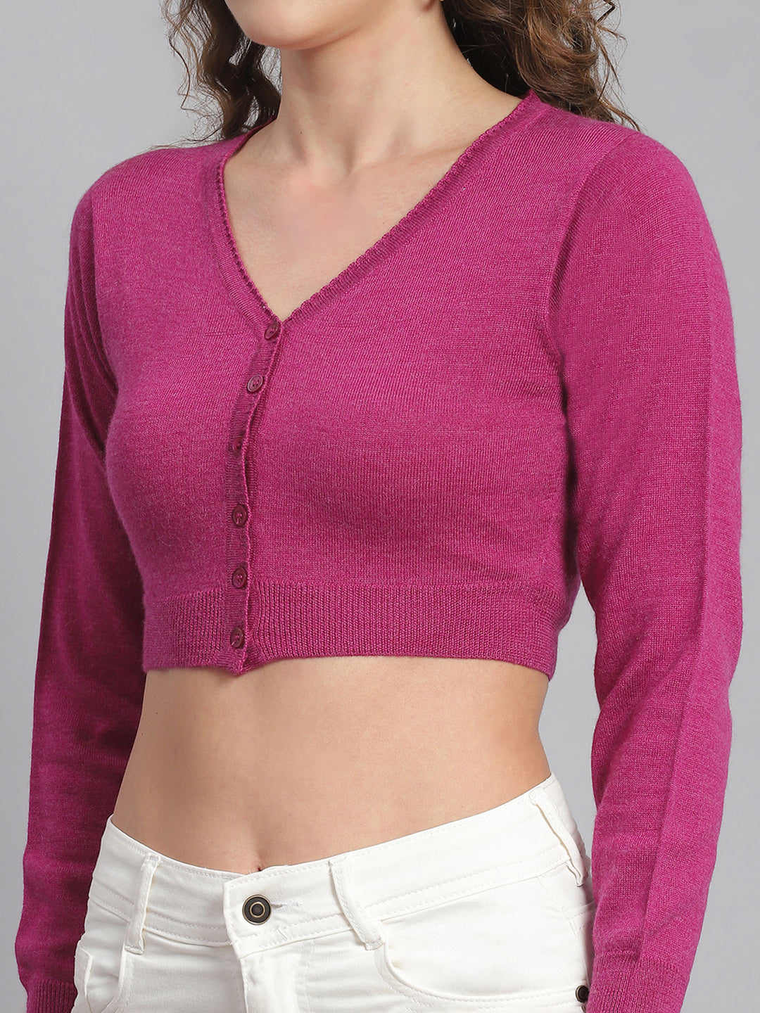 Women Pink Solid V Neck Full Sleeve Blouse