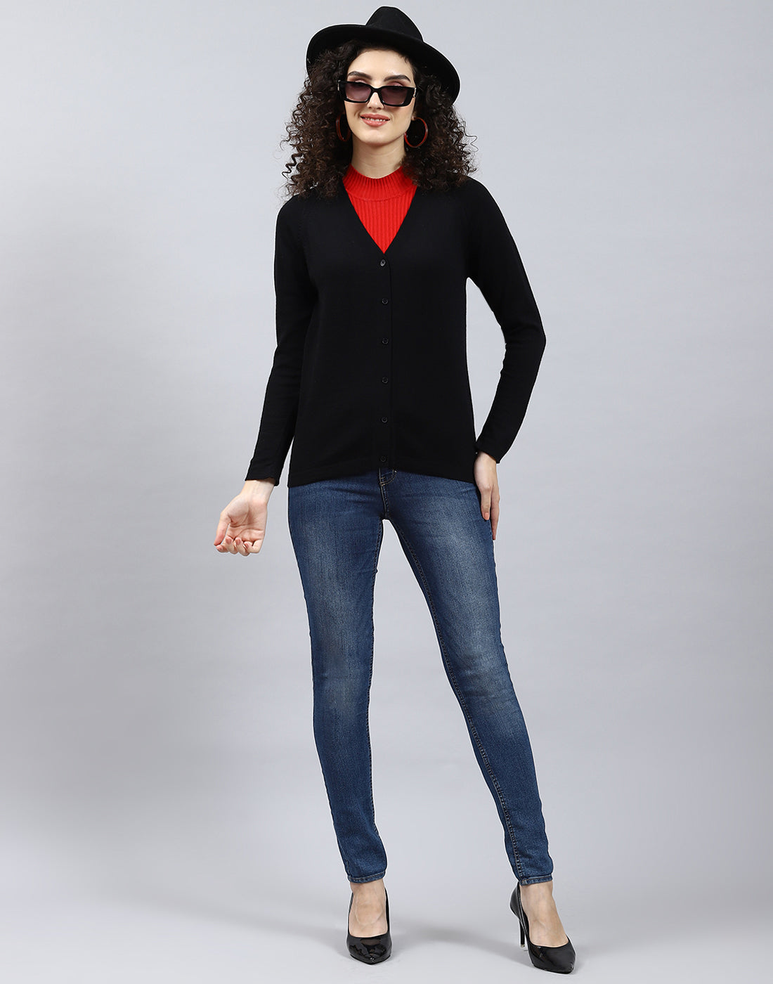 Women Black Solid V Neck Full Sleeve Cardigan