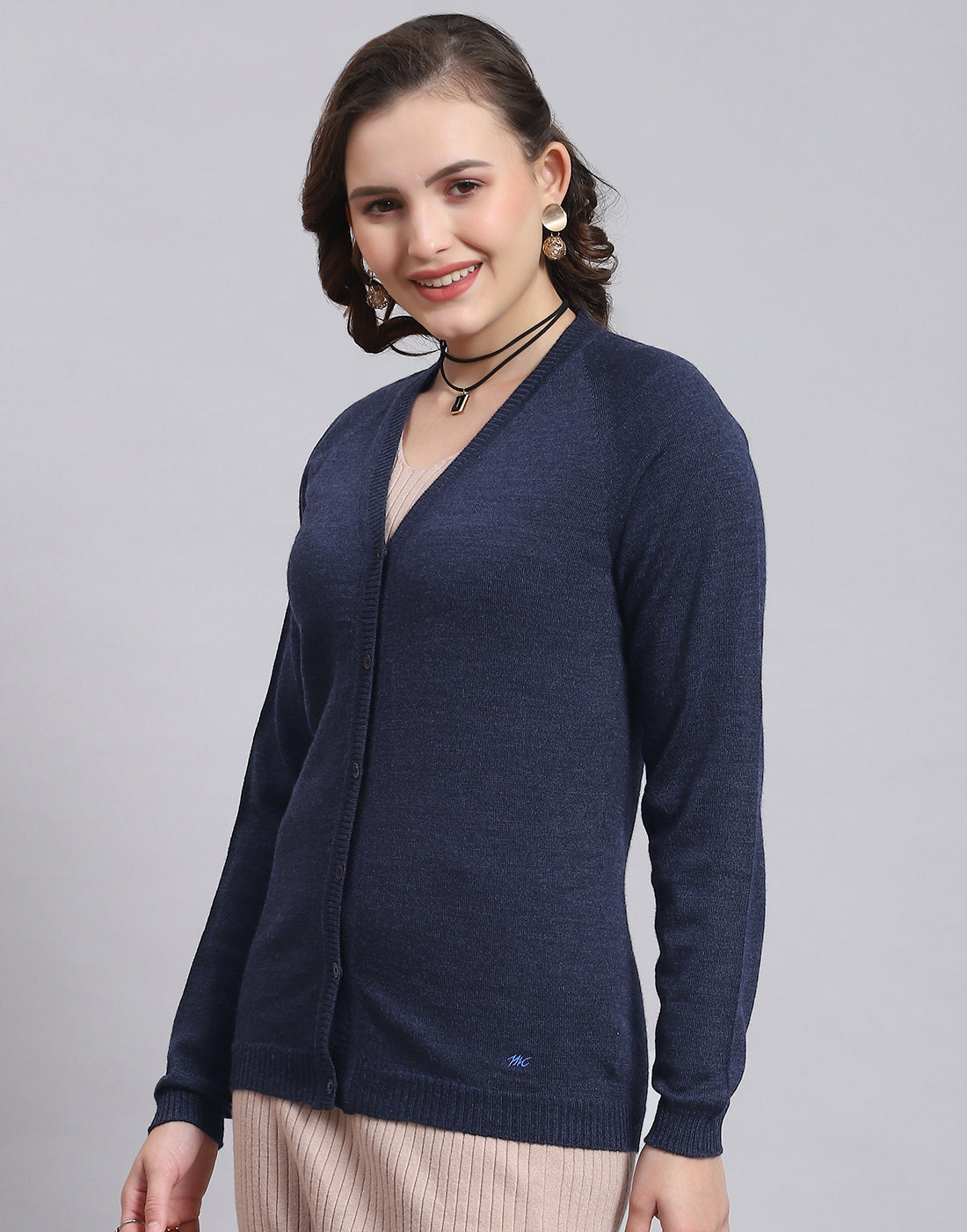 Women Navy Blue Solid V Neck Full Sleeve Cardigan