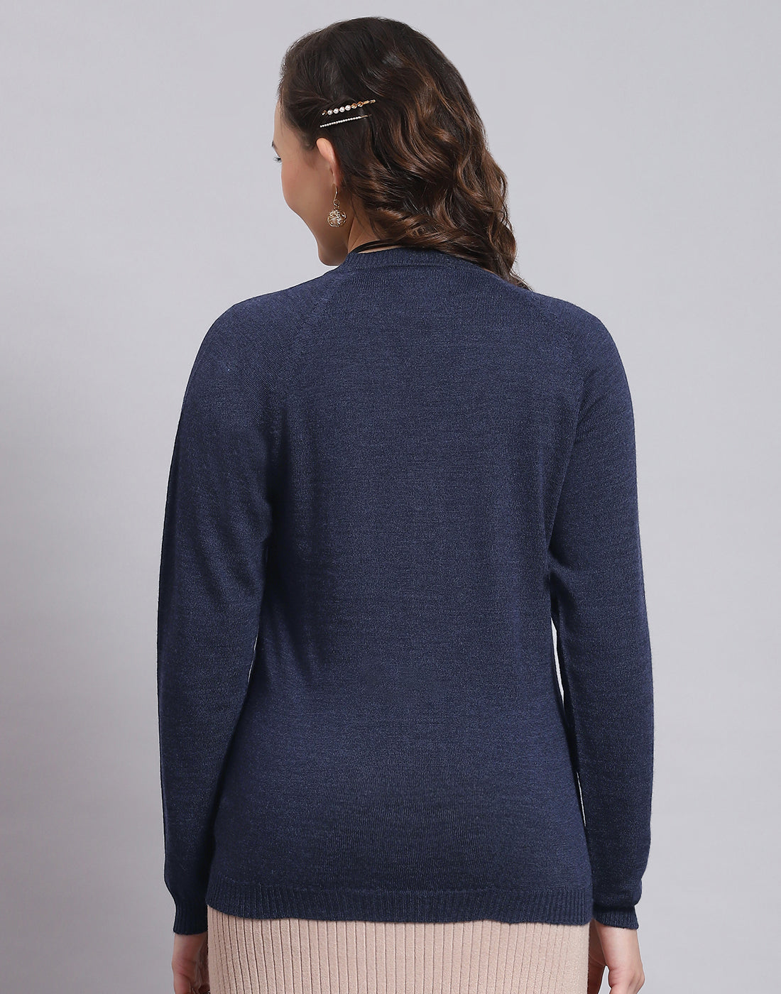 Women Navy Blue Solid V Neck Full Sleeve Cardigan