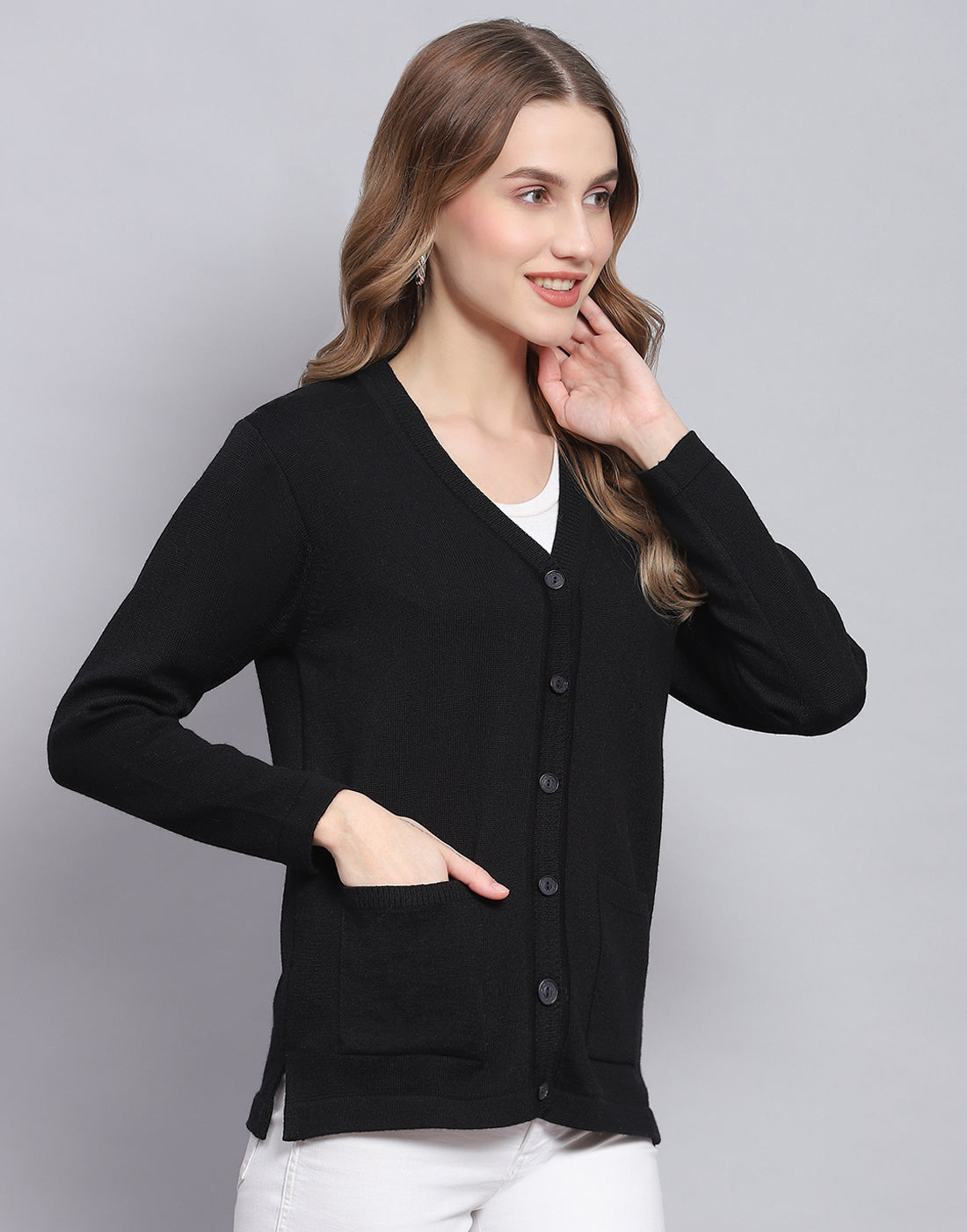 Women Black Solid V Neck Full Sleeve Cardigan