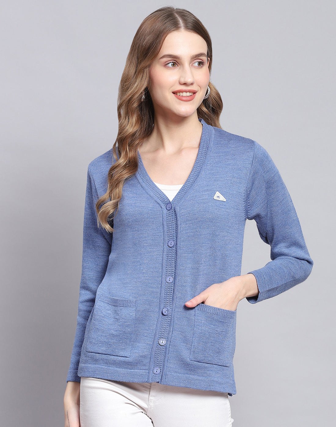 Women Blue Solid V Neck Full Sleeve Cardigan