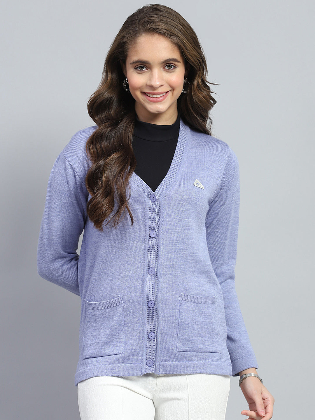 Women Purple Solid V Neck Full Sleeve Cardigan