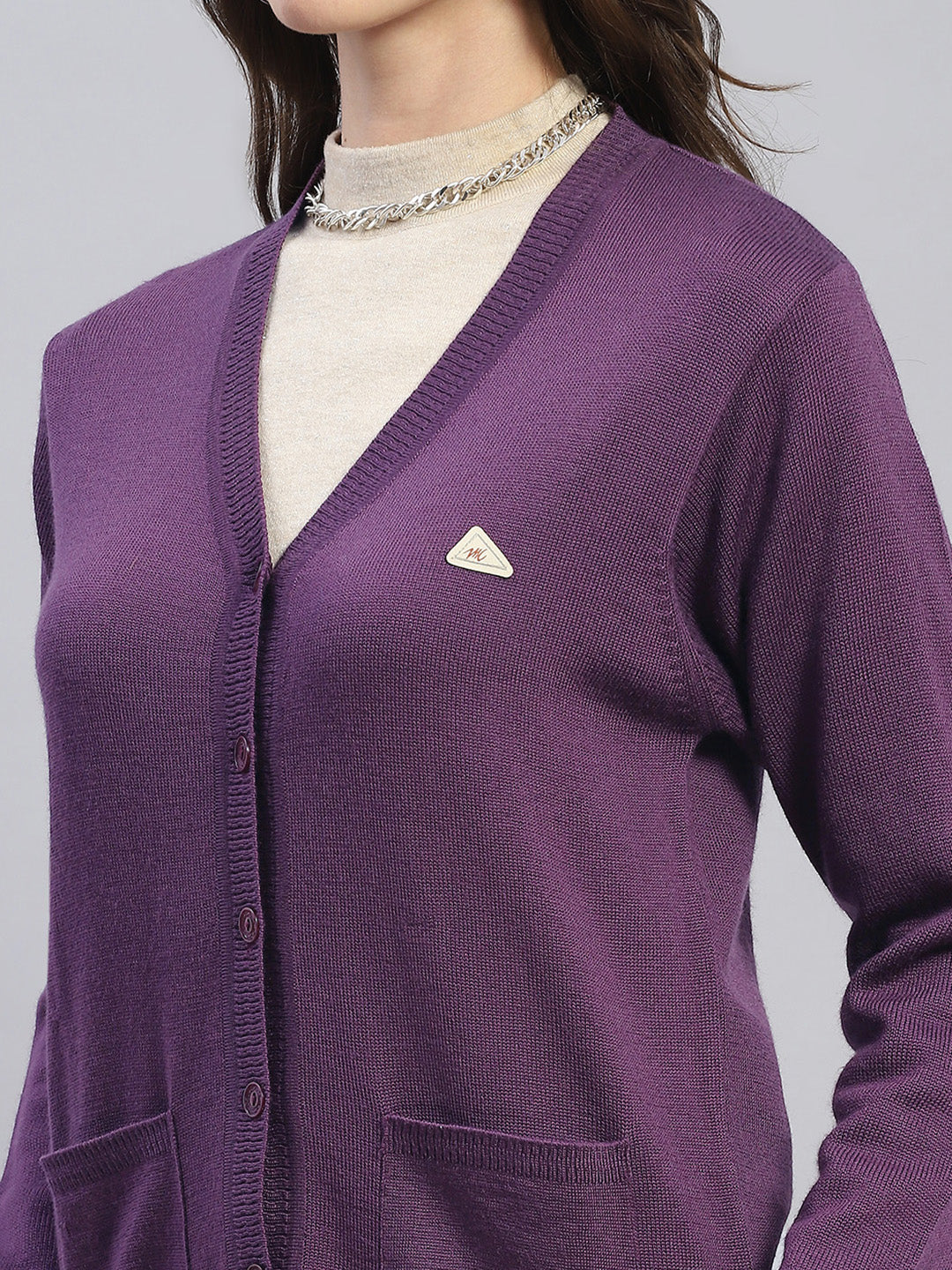 Women Purple Solid V Neck Full Sleeve Cardigan