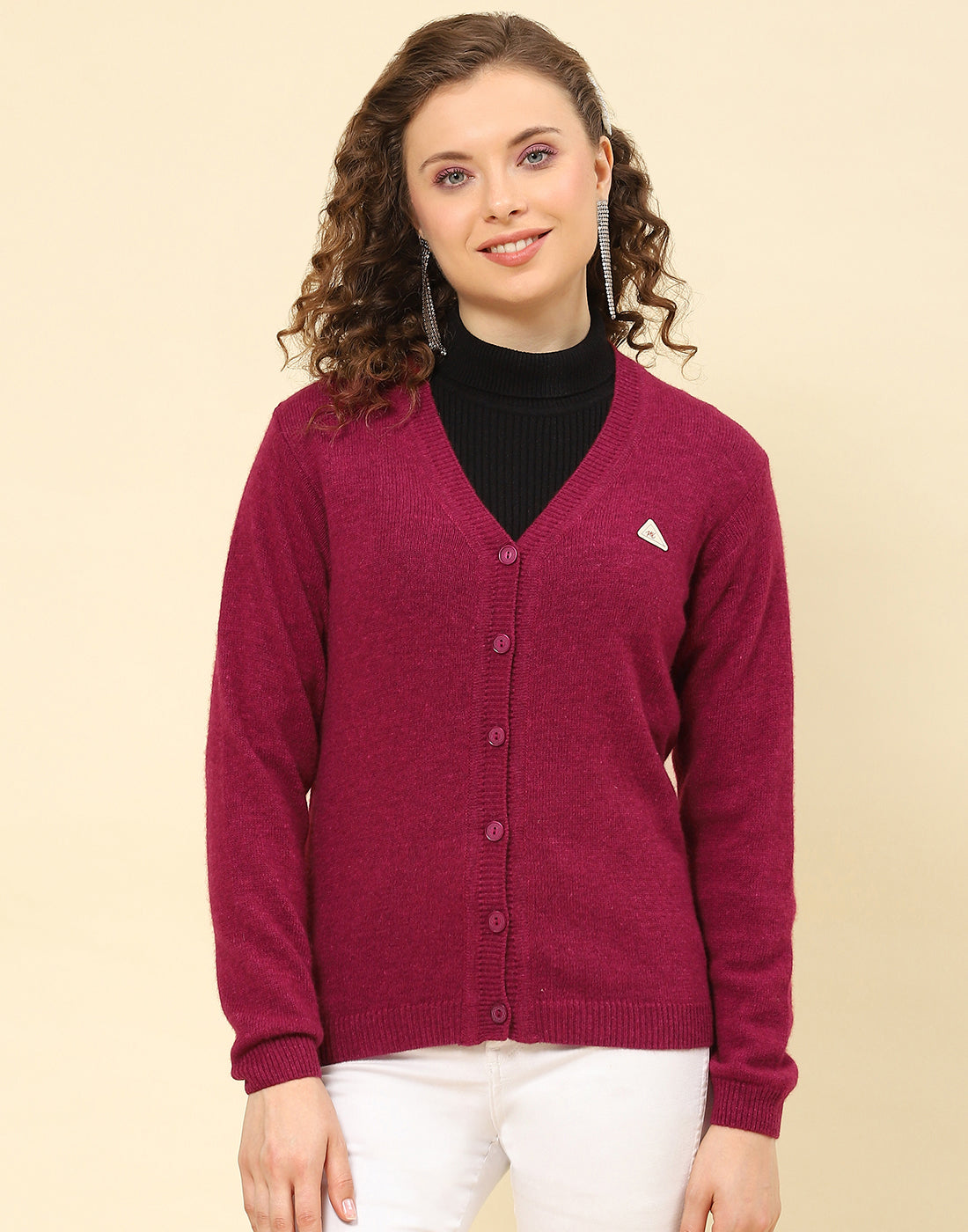Women Maroon Solid V Neck Full Sleeve Cardigan