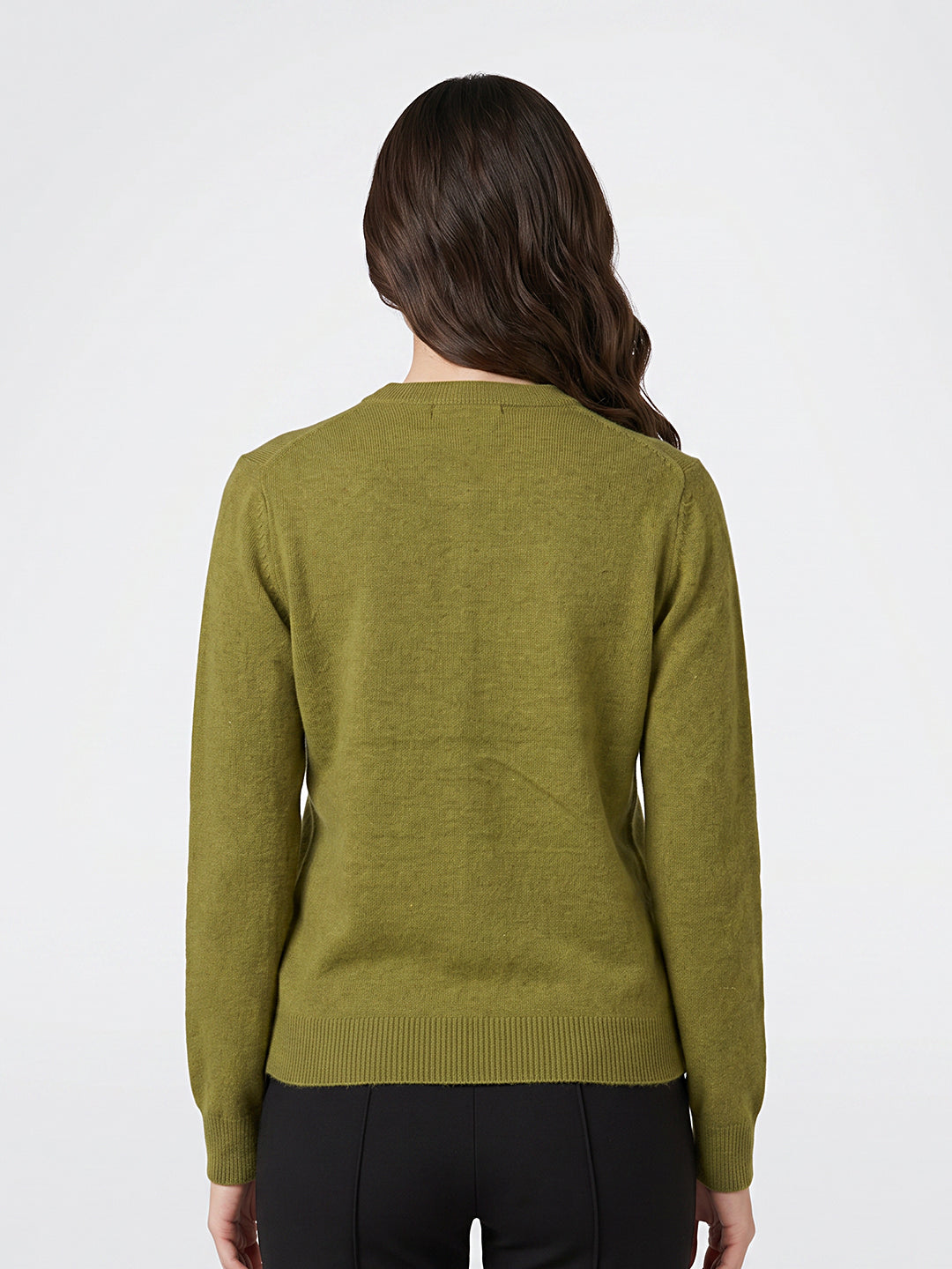 Women Green Solid Round Neck Full Sleeve Cardigan