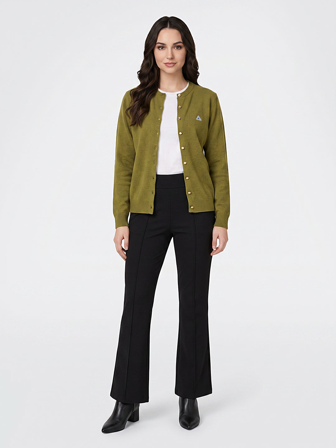 Women Green Solid Round Neck Full Sleeve Cardigan