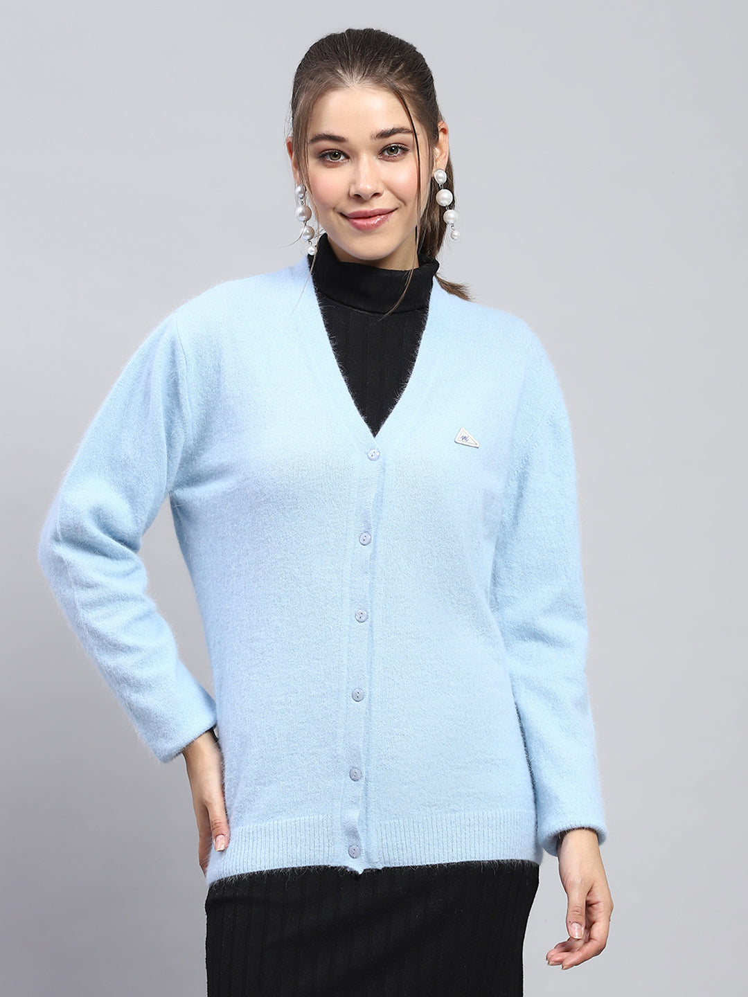 Women Sky Blue Solid V Neck Full Sleeve Cardigan