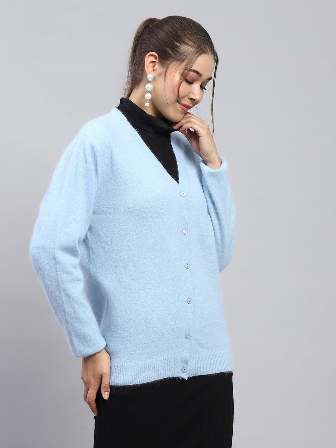 Women Sky Blue Solid V Neck Full Sleeve Cardigan