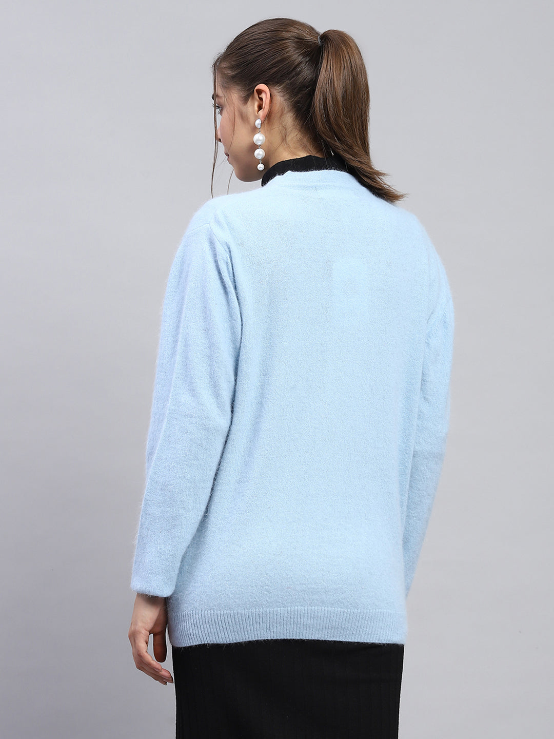 Women Sky Blue Solid V Neck Full Sleeve Cardigan
