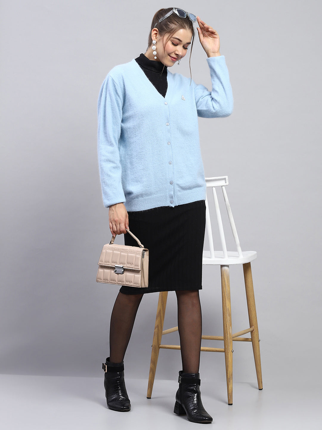 Women Sky Blue Solid V Neck Full Sleeve Cardigan