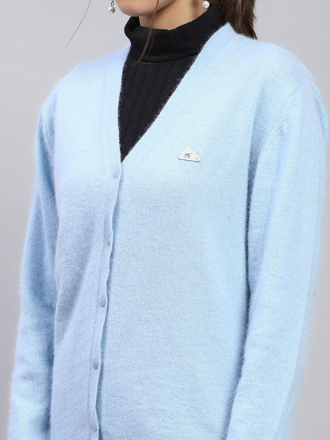 Women Sky Blue Solid V Neck Full Sleeve Cardigan
