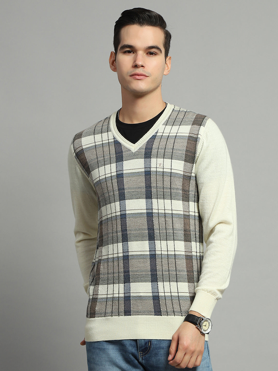 Luxuria Men Off White Check V Neck Full Sleeve Pullover