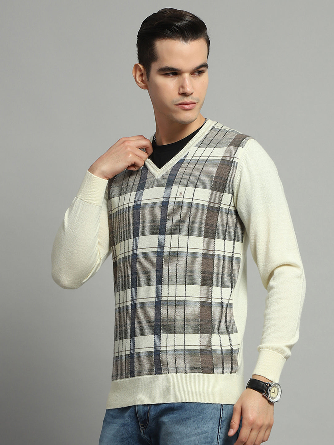 Luxuria Men Off White Check V Neck Full Sleeve Pullover