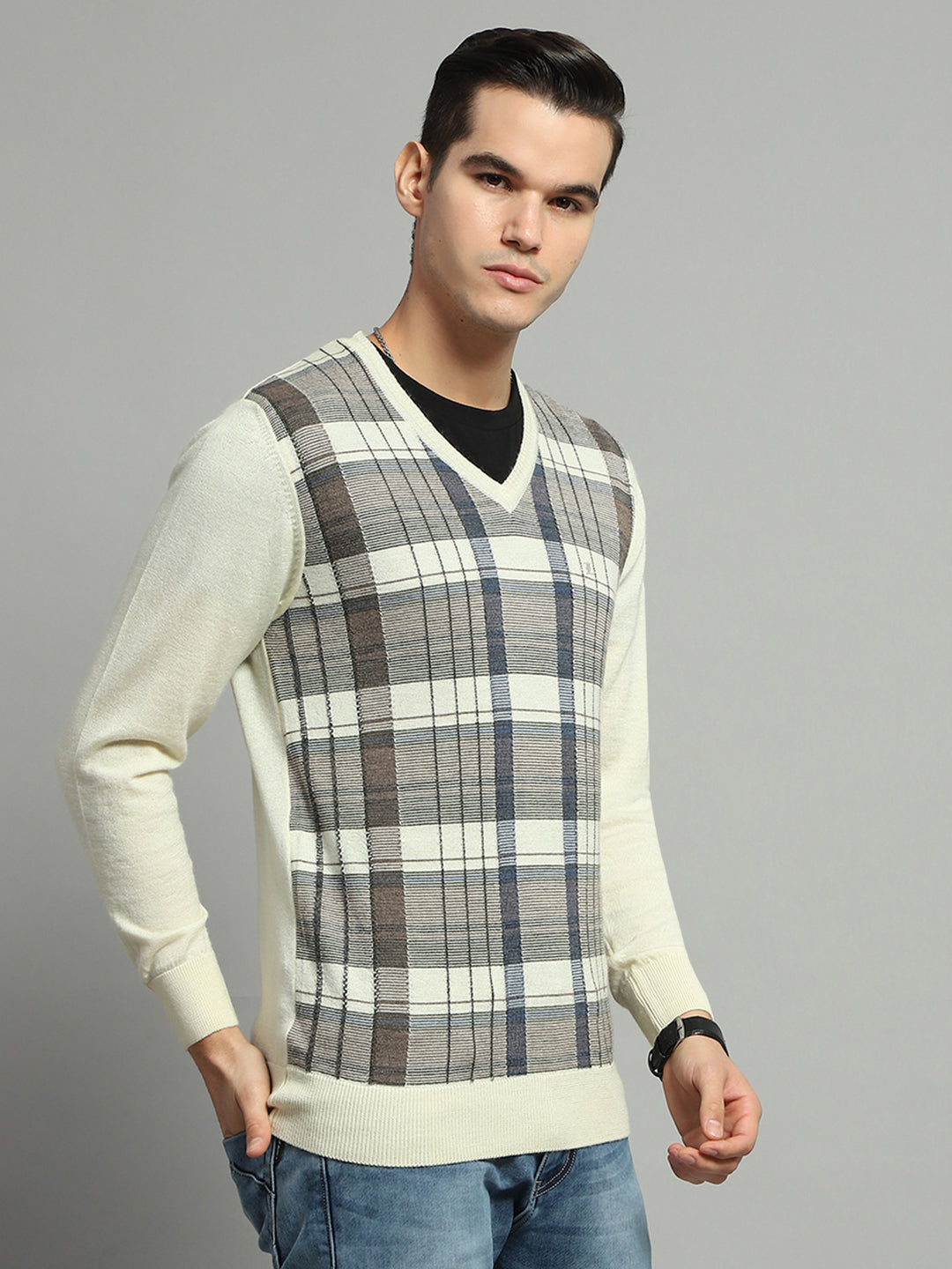 Luxuria Men Off White Check V Neck Full Sleeve Pullover