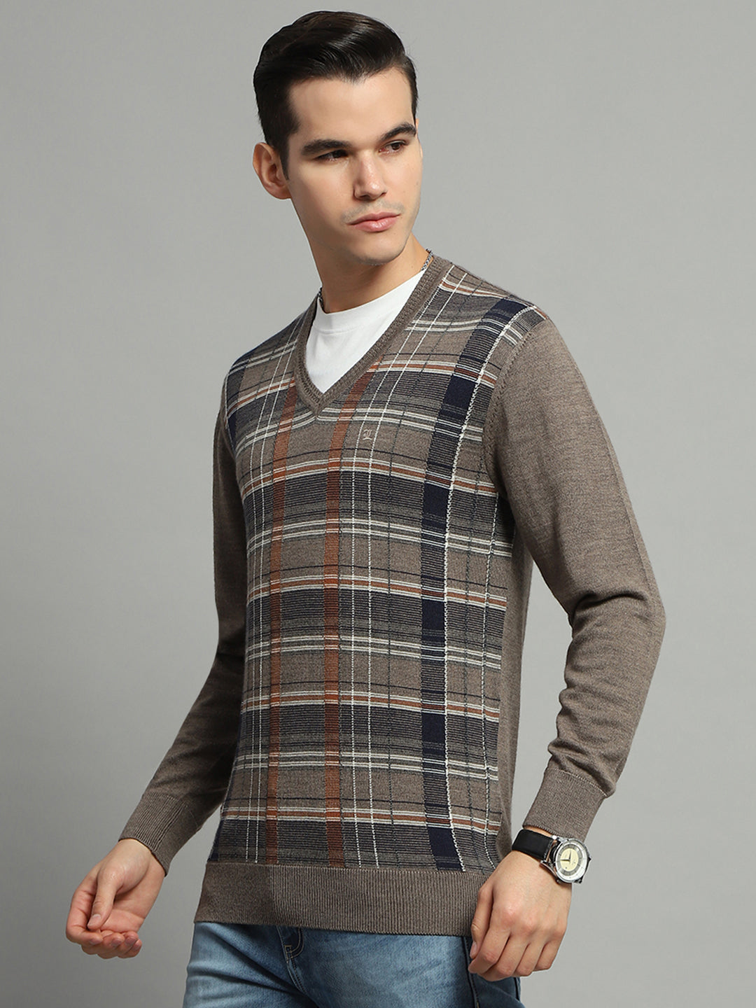Luxuria Men Grey Check V Neck Full Sleeve Pullover