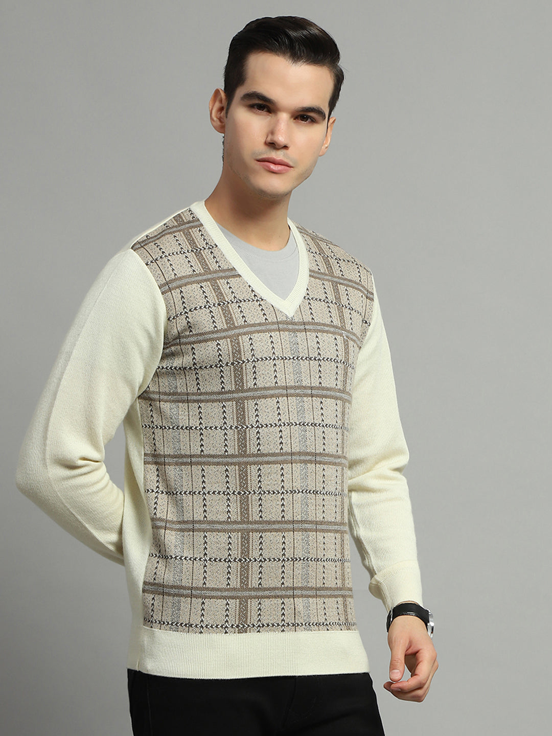 Luxuria Men Cream Check V Neck Full Sleeve Pullover