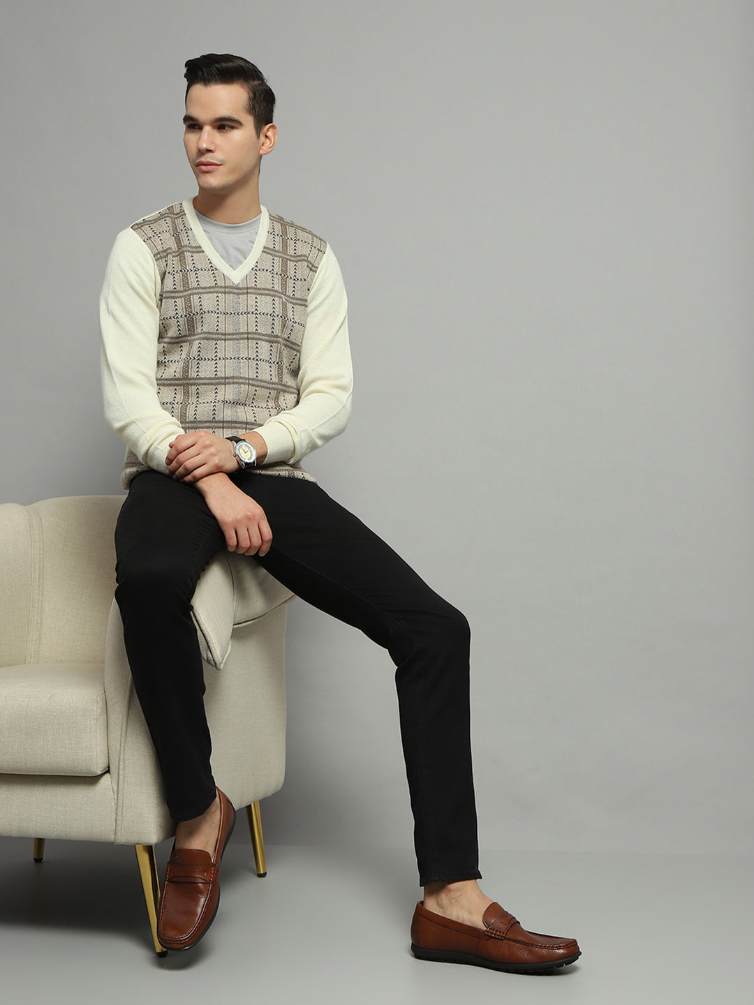 Luxuria Men Cream Check V Neck Full Sleeve Pullover