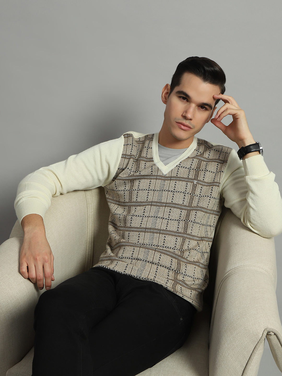 Luxuria Men Cream Check V Neck Full Sleeve Pullover