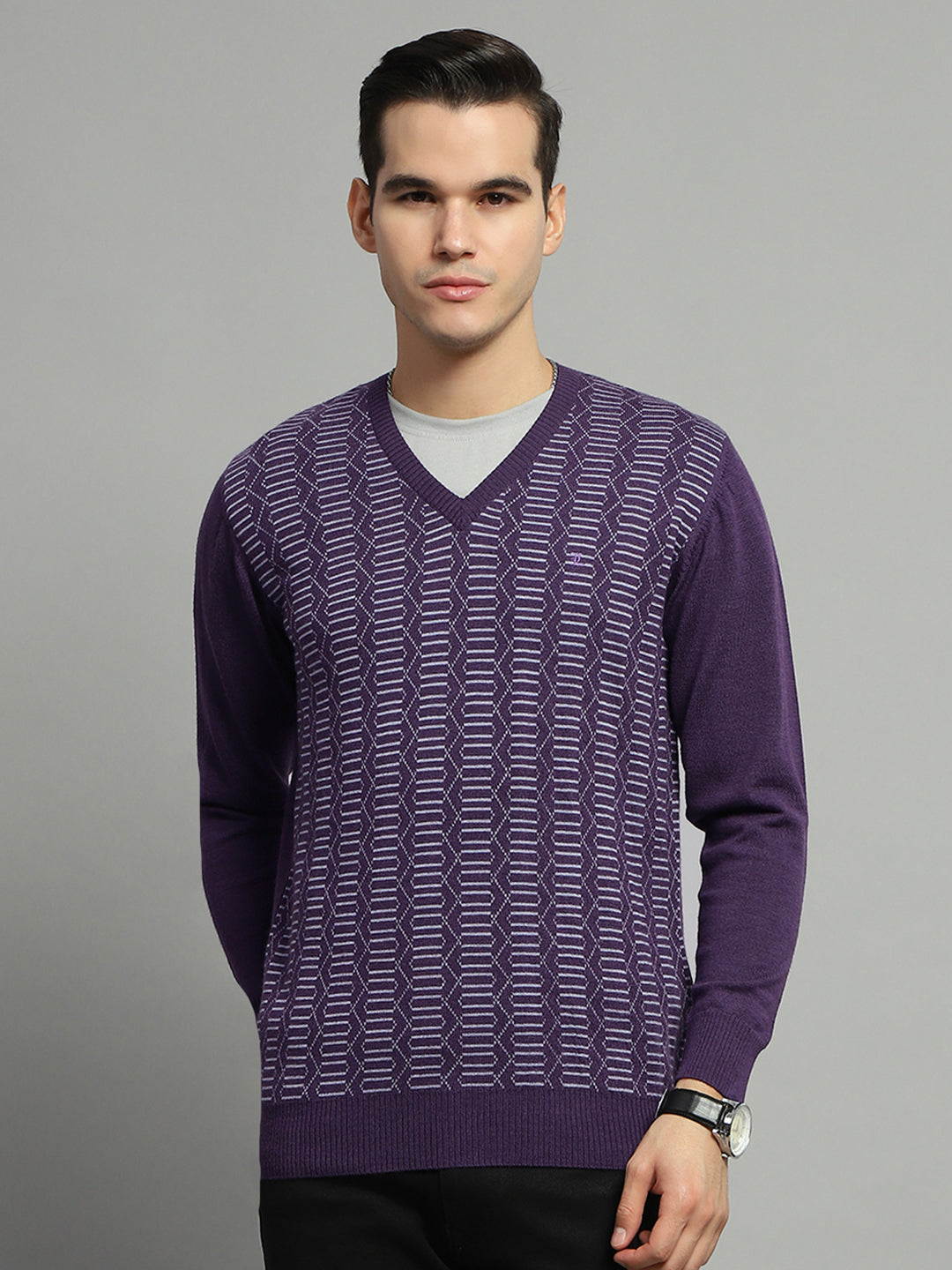 Luxuria Men Purple Self Design V Neck Full Sleeve Pullover
