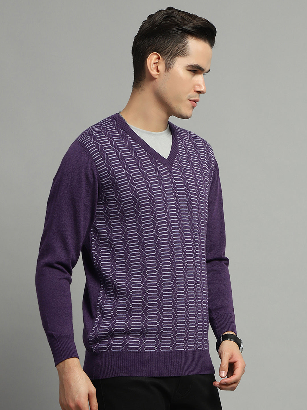 Luxuria Men Purple Self Design V Neck Full Sleeve Pullover