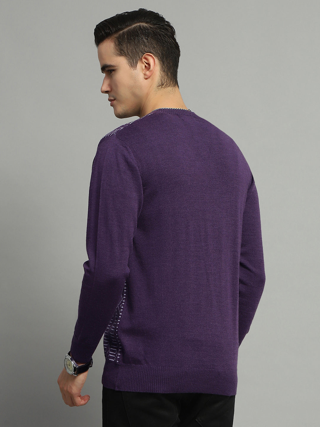 Luxuria Men Purple Self Design V Neck Full Sleeve Pullover