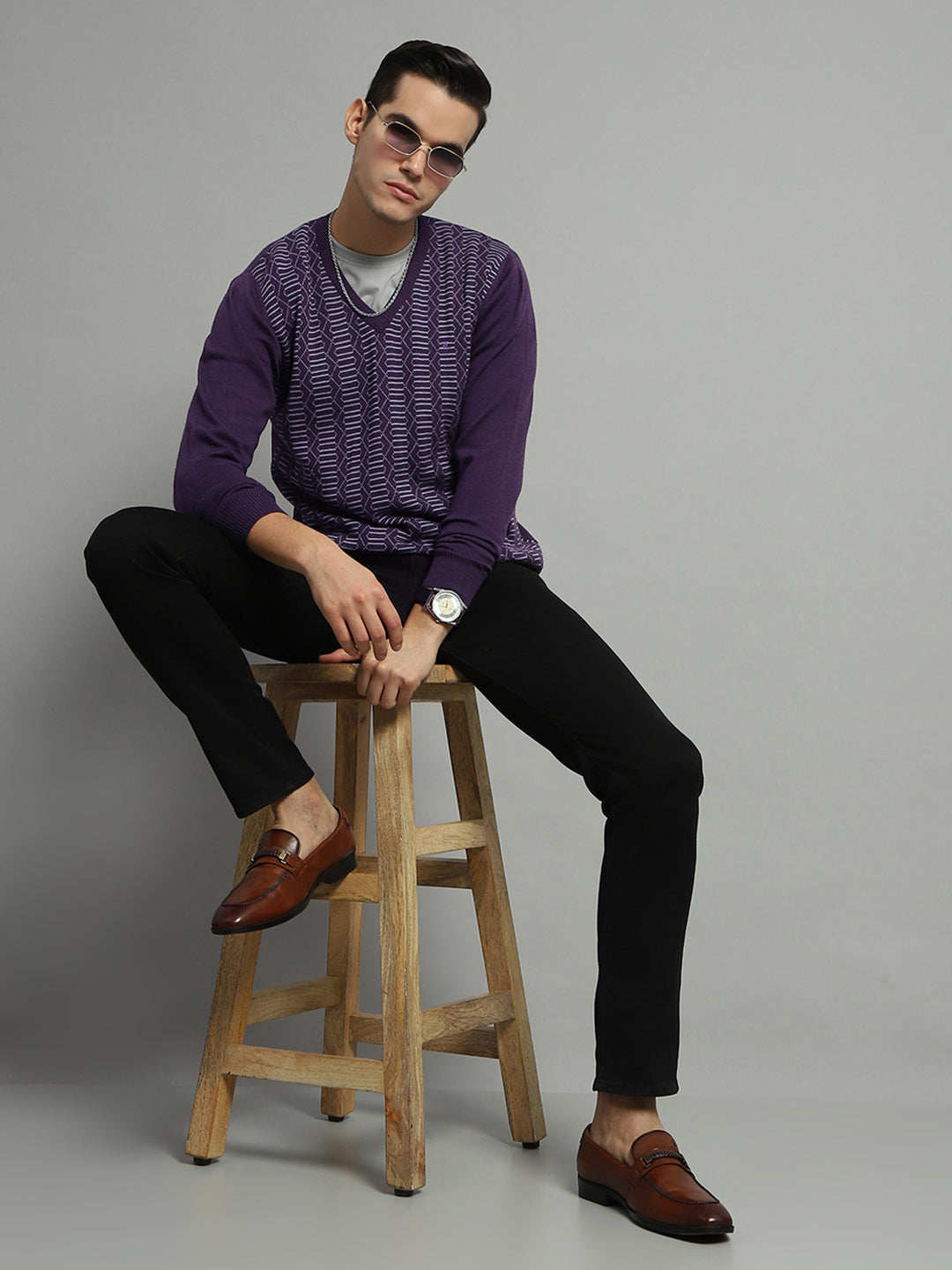 Luxuria Men Purple Self Design V Neck Full Sleeve Pullover