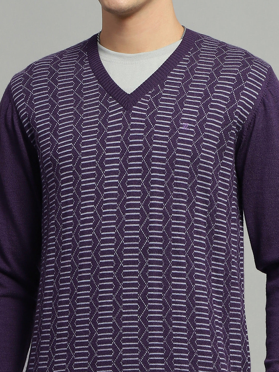 Luxuria Men Purple Self Design V Neck Full Sleeve Pullover