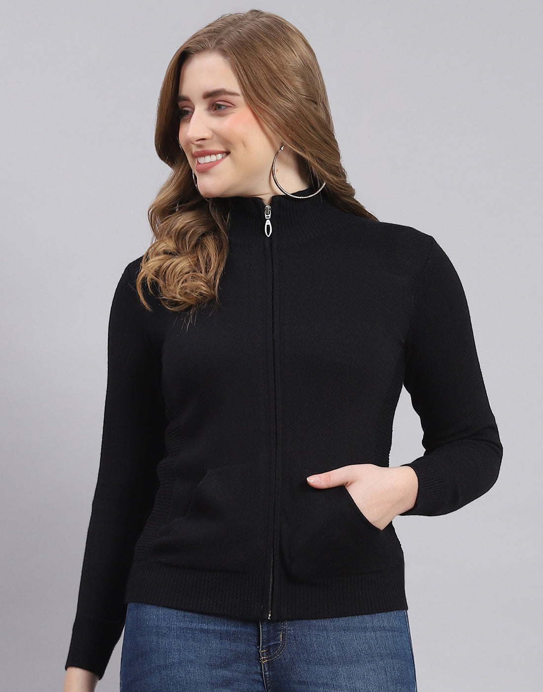 Women Black Solid Stand Collar Full Sleeve Cardigan